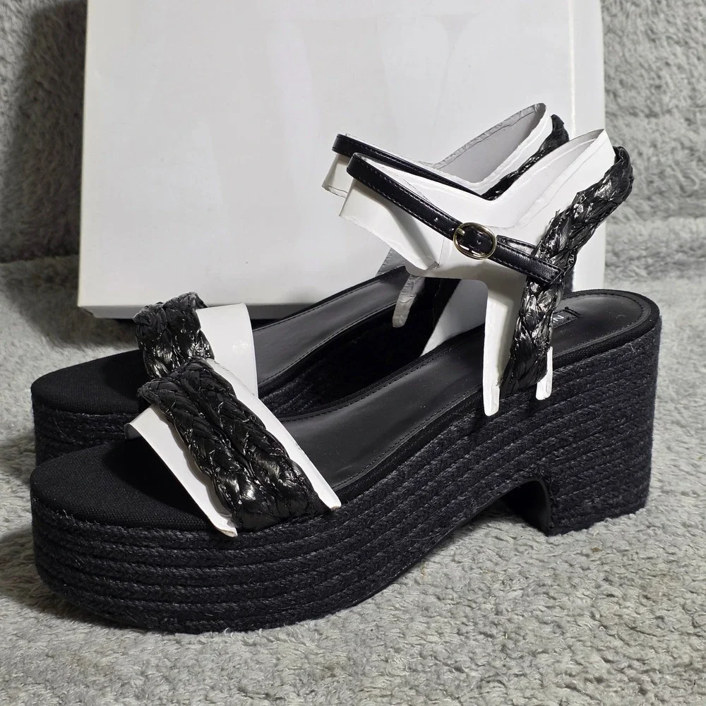 Nine‎ West Womens Black Straw Espadrille Platform Wedge Sandals Size 12M NEW NIB